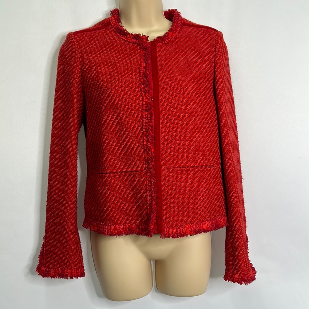 Maje cherry red slip sleeve crew neck tweed cardigan blazer